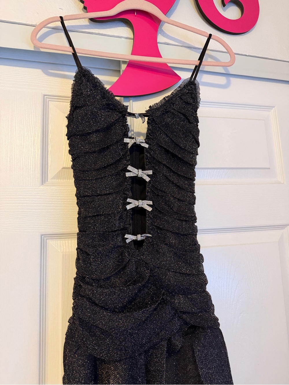Girls Black Sparkle Ruffled Party Dress with Bow Accents